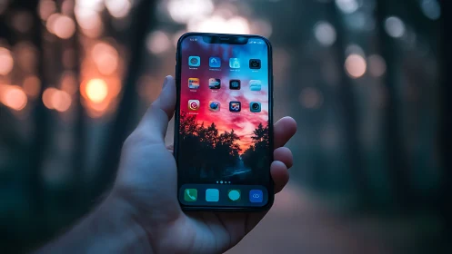 Hand Holds iPhone with Forest Sunset Wallpaper in Evening Light