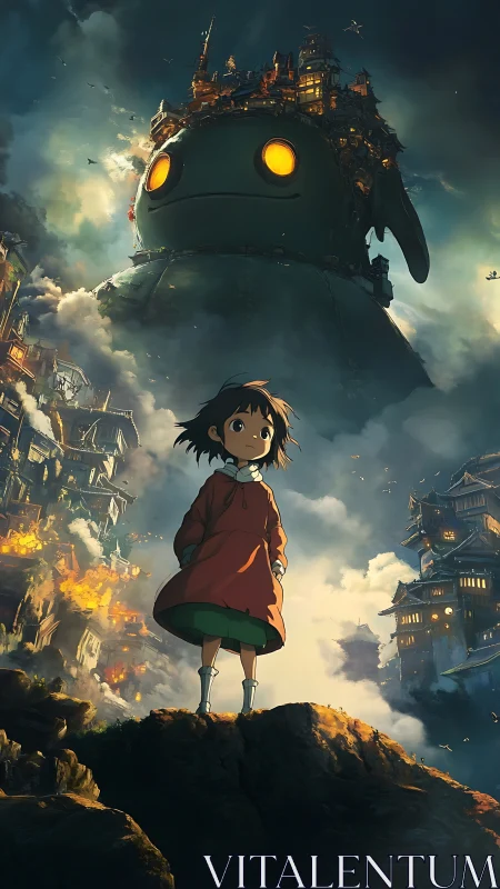 Young heroine confronts colossal steampunk guardian at dusk