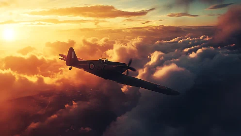 Sunset sortie with vintage fighter over sculpted cloud deck.