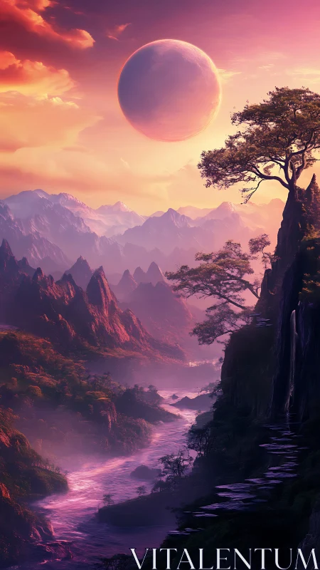 Bioluminescent alien river valley under massive ringless planet