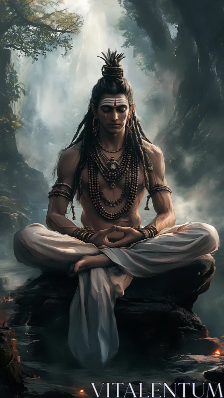 Mystic ascetic meditating in misty forested gorge.