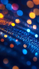 Neon bokeh orbs drift above curved blue light waves