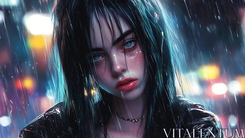 Moody digital portrait of wet girl in neon city rain.