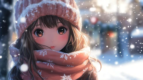 Winter anime girl with snowlit scarf and soft snowfall.