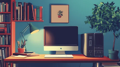 Cozy teal study den with glowing screen and patient plants.