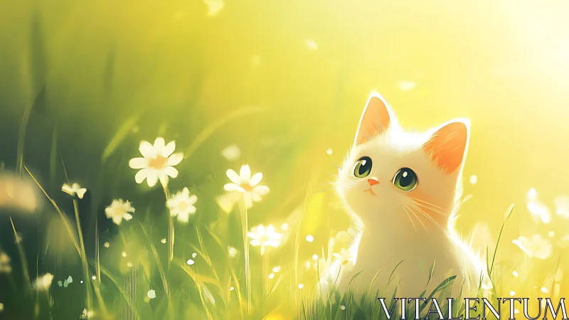 Sunlit meadow daydreams with a bright-eyed white kitten.