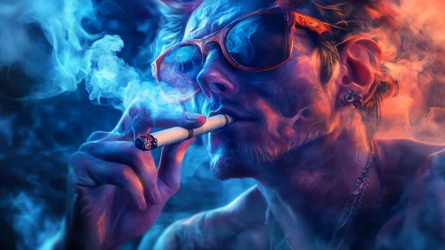 Electric neon portrait pauses in swirling smoke and color