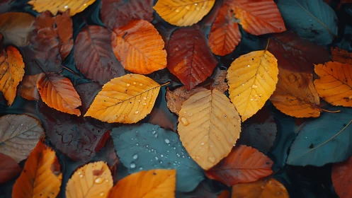 Autumn beech leaves floating on dark water with raindrops.