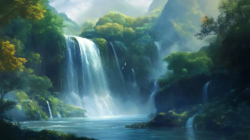 Gentle mist over secret valley waterfalls at morning light.