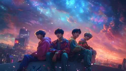 Four youths on rooftop edge under vivid twilight sky.