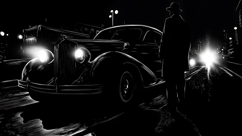 Midnight city streets welcome a vintage car and lone figure