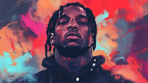 Electric portrait of defiant man in swirling neon storm.