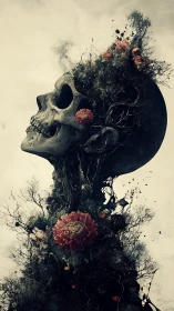 Human skull merging with flowers and twisted branches.
