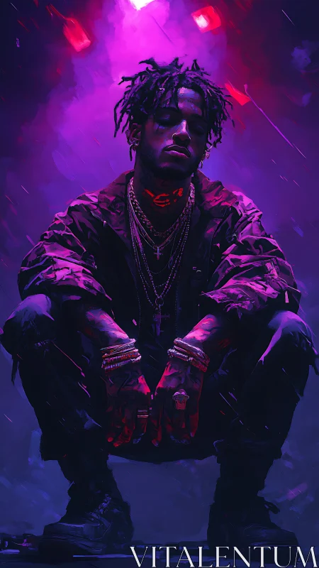 Male figure in layered jewelry under magenta backlight.