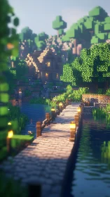 Sunlit riverside bridge welcomes you to a cozy pixel village