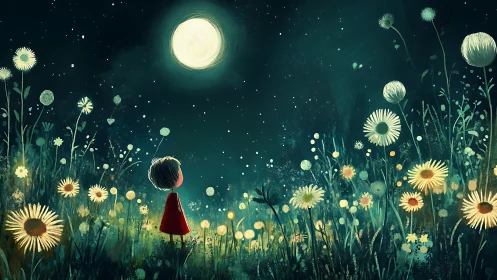 Child in red coat under full moon in luminous wildflower field