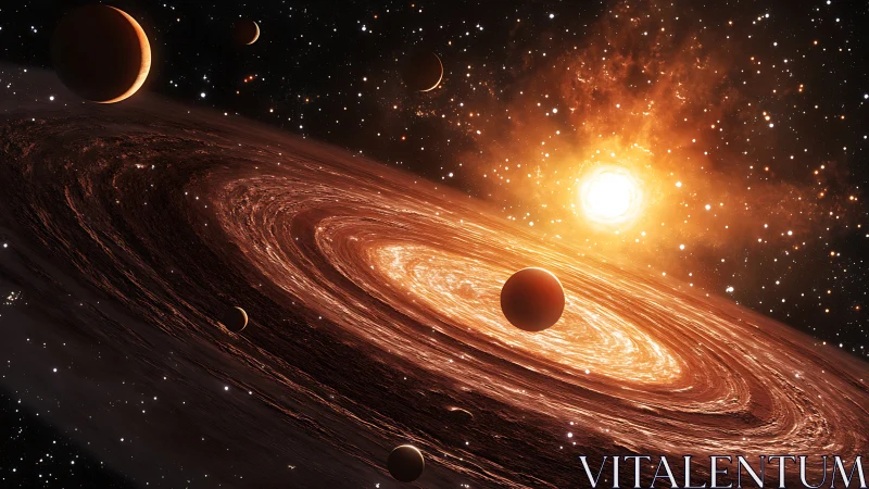 Glowing protoplanetary disk with forming planets in orbit.