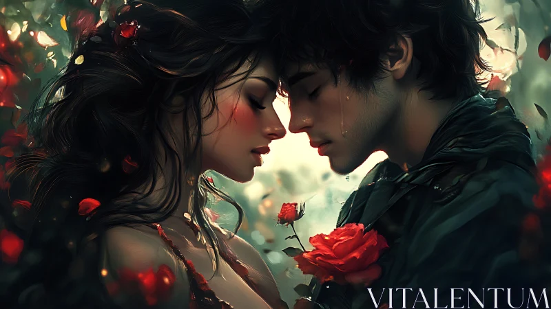 Tender moment between two hearts amid red roses.