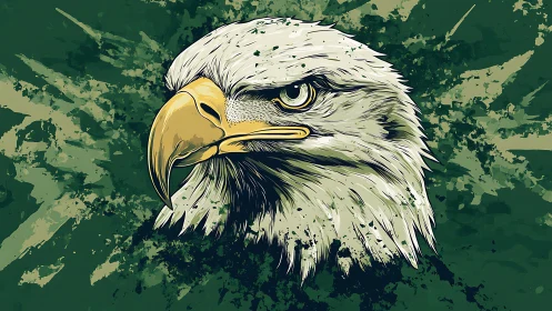 Bold bald eagle head illustration with splattered green background.
