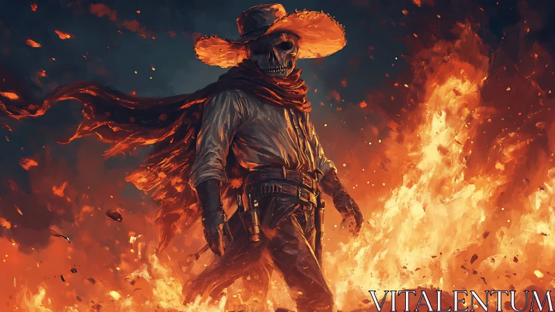 Skeletal gunslinger in wide-brimmed hat amid intense flames.