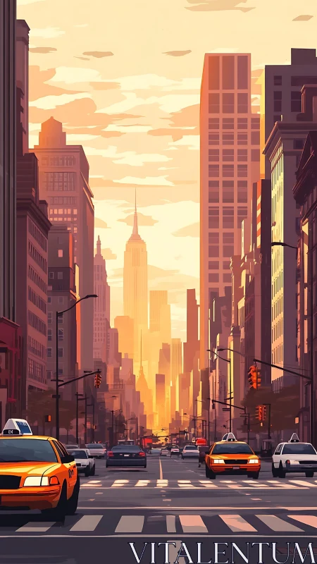 Sunlit New York avenue with taxis in stylized dusk perspective