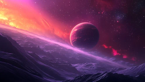 Crimson exoplanet rising above glowing violet ice ridge.