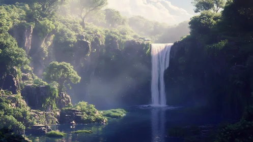 Digital painting of misty cliffside waterfall and forest basin.