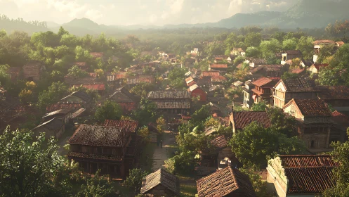 Sunlit hill village exhales warmth through tiled red roofs