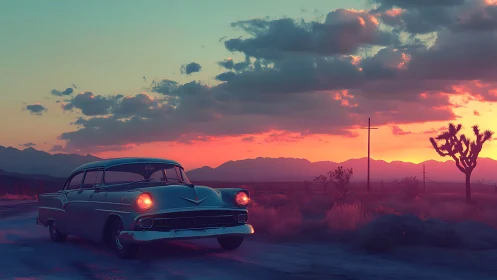 Digital painting of vintage sedan on neon desert highway at dusk.