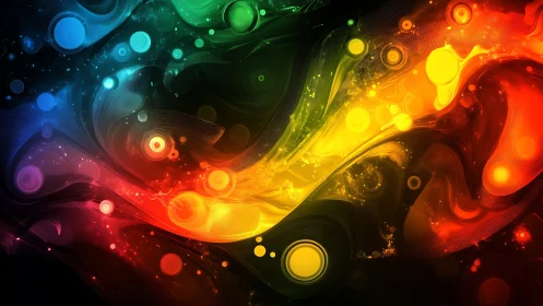 Abstract multicolored flowing waves with circular light forms.