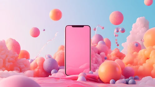 Smartphone stands in pastel 3D bubble landscape scene
