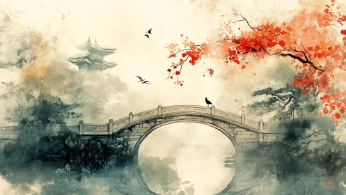 Quiet stone bridge beneath drifting autumn blossoms.