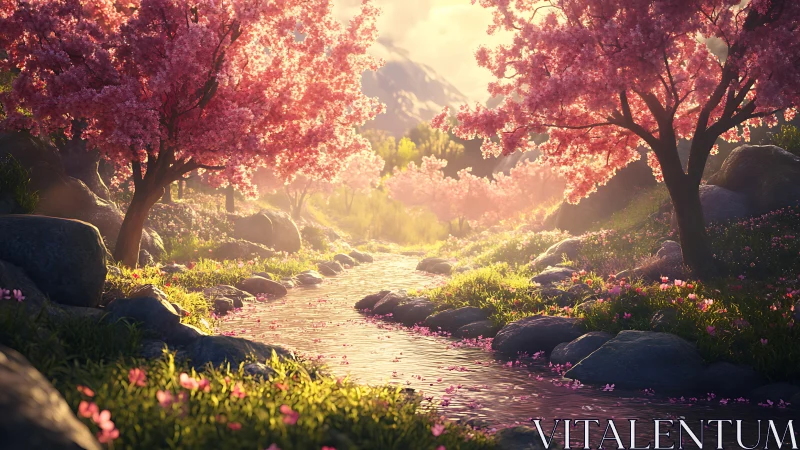 Blossom riverway glows beneath dreaming spring mountains.