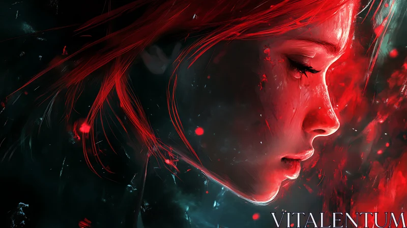 Profile portrait shows red lit digital painting of young woman