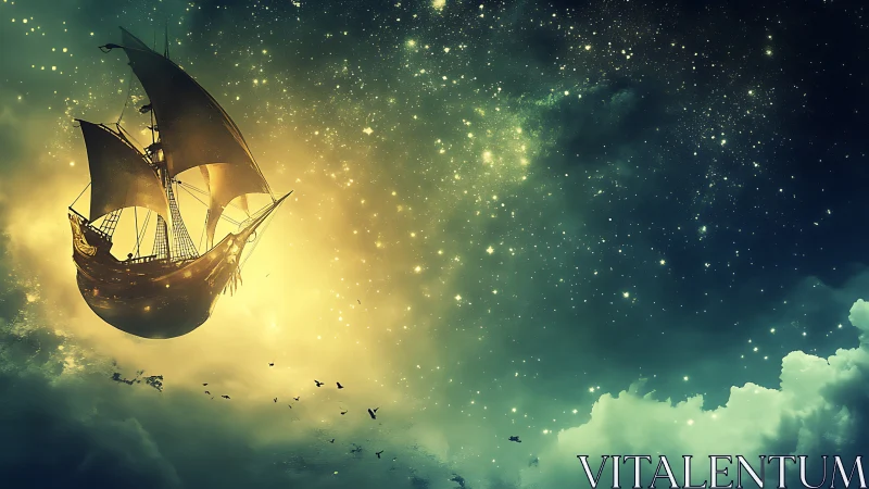 Sailing galleon drifting through luminous starlit sky.