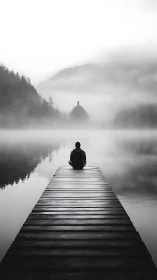 Solitary figure on misty lakeside pier in high contrast monochrome