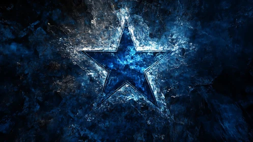 Blue glowing star emblem on dark textured abstract background.