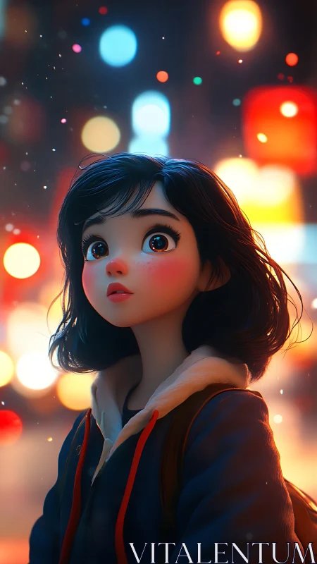 Young girl gazes at dreamy neon city lights at night.