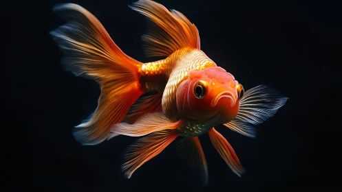 High-contrast macro portrait of fantail goldfish in blackwater