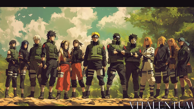Anime ninja squad lineup under bright summer sky outdoors.
