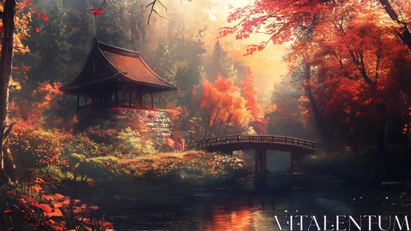 Tranquil Japanese pavilion glows amid luminous autumn forest