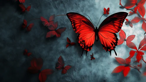 Crimson butterfly spreads wings over smoky teal backdrop.