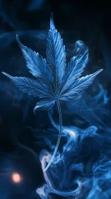 Luminous blue leaf drifting through swirling night smoke.
