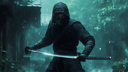 Hooded ninja grips katana in rain-soaked forest alleyway.