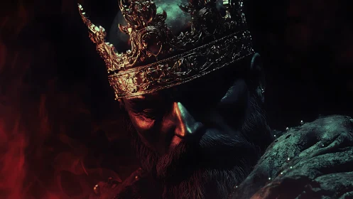 Brooding dark king bows beneath a heavy, burning crown
