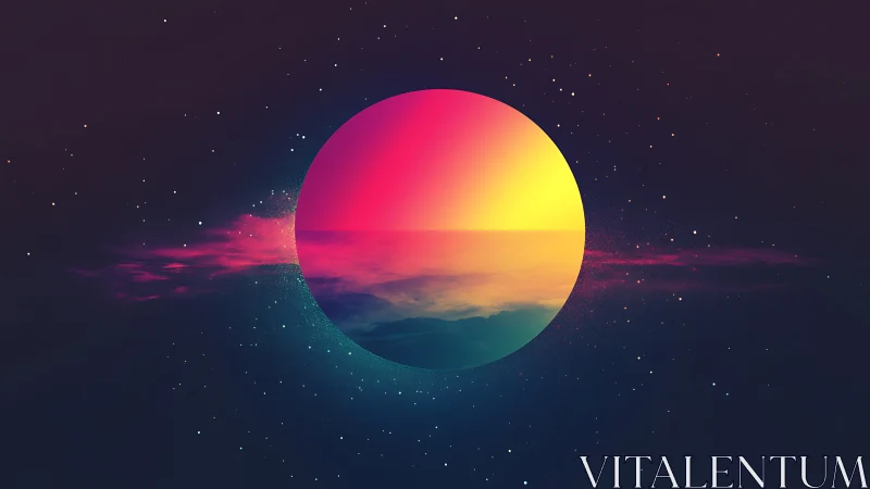 Neon horizon sphere floats within deep starry cosmos