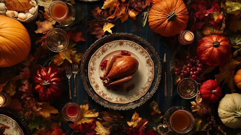 Roast turkey centerpiece on ornate autumn harvest table.