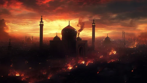 Sunset inferno over domed empire in burning twilight haze.