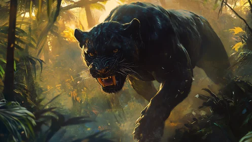 Black panther stalking through jungle with golden light