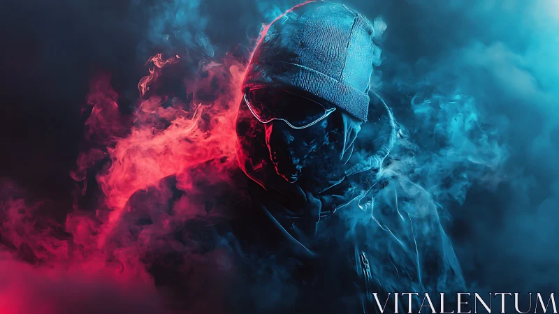 Hooded cyber figure emerges through neon smoke and bicolor haze